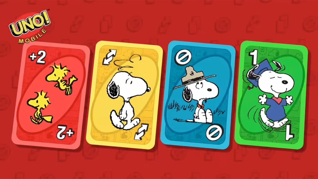 gkpb-banner-snoopy-uno-mobile Cartas temáticas do UNO Mobile apresentando Snoopy e Woodstock em um fundo vermelho, incluindo um '+' para aumentar a contagem, uma carta de Snoopy e uma carta com Snoopy vestido de forma divertida.