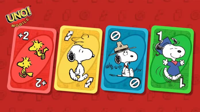 Cartas temáticas do UNO Mobile apresentando Snoopy e Woodstock em um fundo vermelho, incluindo um '+' para aumentar a contagem, uma carta de Snoopy e uma carta com Snoopy vestido de forma divertida.