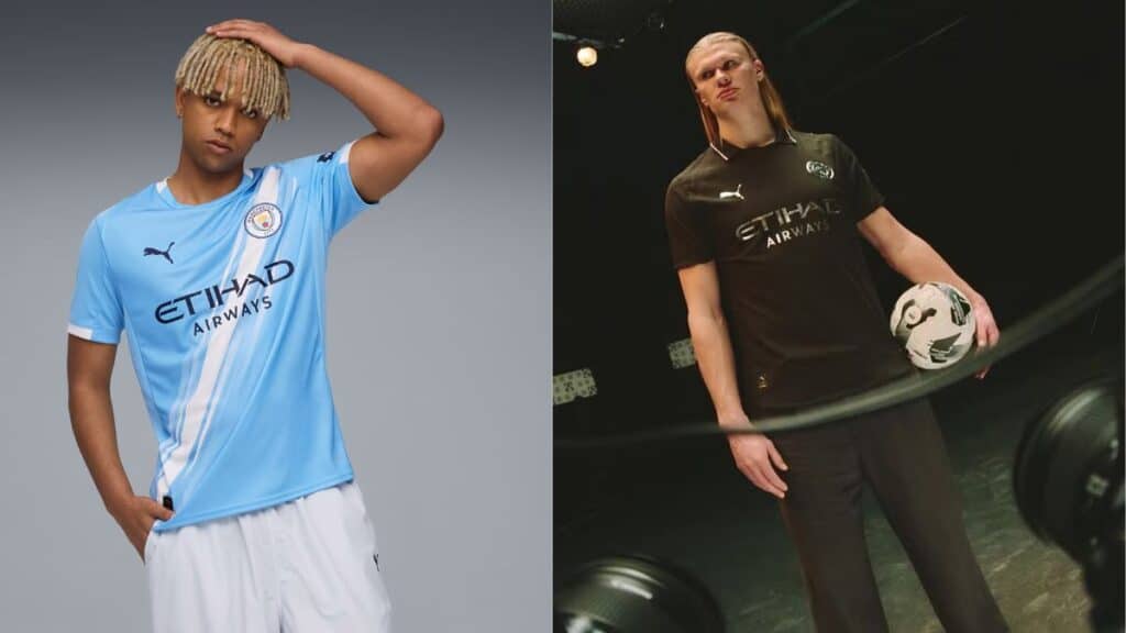Atleta usando o novo uniforme azul do Manchester City com detalhes brancos, em uma pose descontraída. E outro atleta utilizando o segundo uniforme preto segurando uma bola.