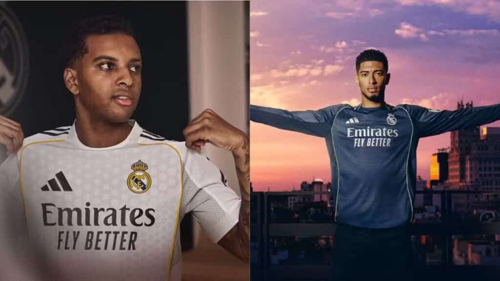 Jogador exibindo o novo uniforme I do Real Madrid, de cor branca com detalhes em amarelo, ao lado de outro jogador com o uniforme II em azul marinho, em frente a um fundo urbano ao pôr do sol.