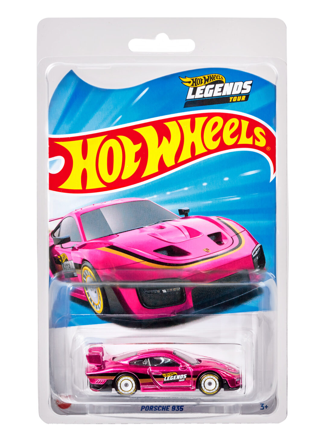 Modelo de carrinho Hot Wheels Porsche 935 exclusivo da promoção, exibido em embalagem com design colorido.