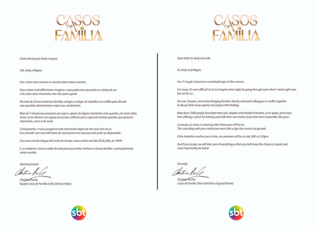 Imagem de uma carta aberta para o casal, com o logotipo do programa 'Casos de Família' na parte superior. A carta aborda um convite para participar do programa e discute questões familiares e emocionais.