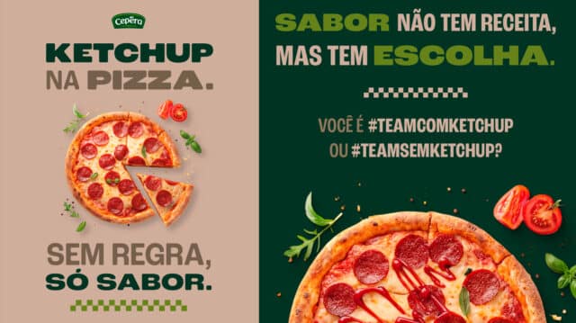 Imagem promocional da Cepêra destacando o ketchup na pizza, com uma pizza cortada ao meio e a frase "Sem regra, só sabor". A imagem inclui tomates frescos e folhas verdes, promovendo a campanha de liberdade de escolha na alimentação.