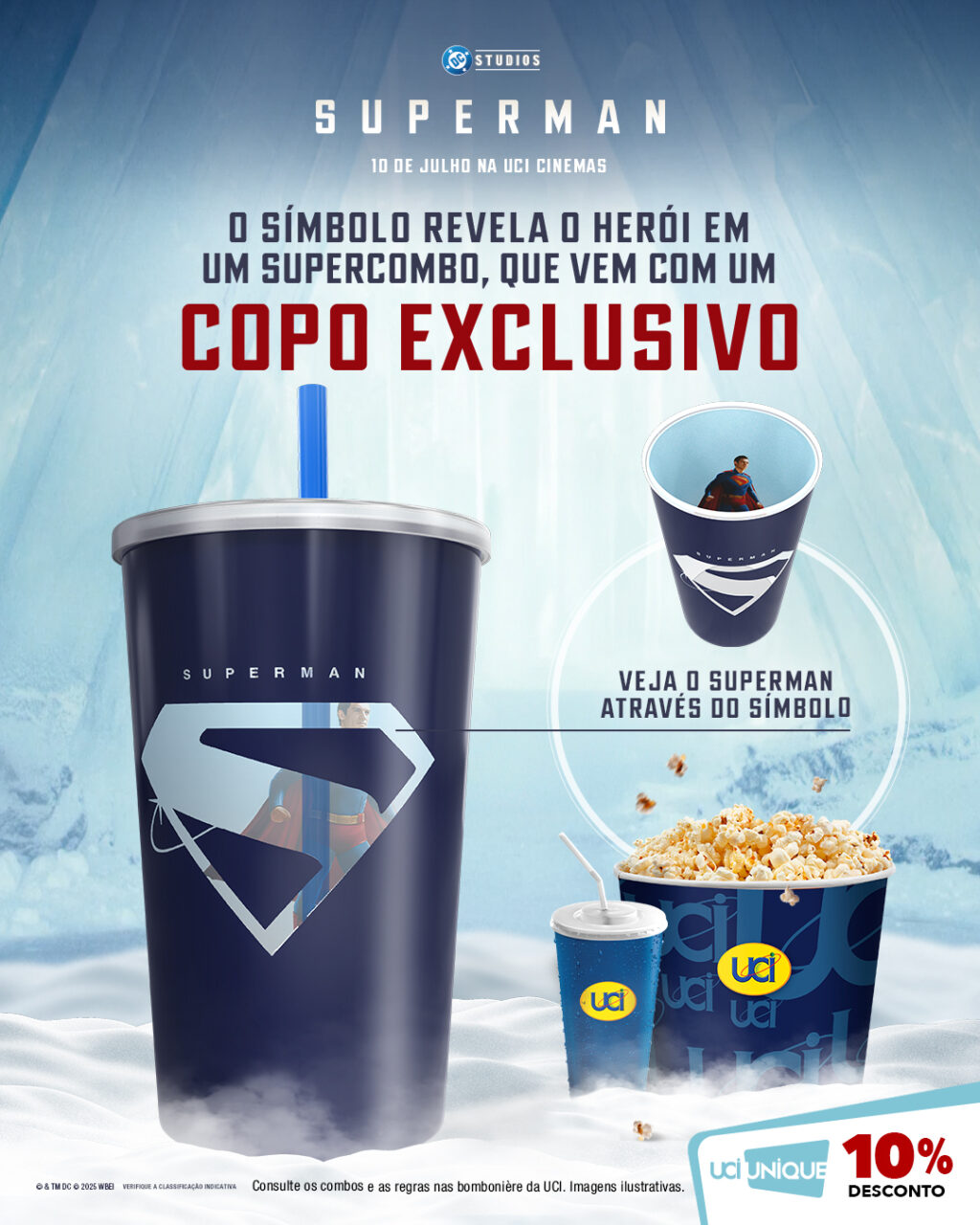 Copo exclusivo do Superman em supercombo, com o símbolo kryptoniano e transparência, acompanhado por um balde de pipoca, promovendo o lançamento do novo filme nos cinemas UCI.
