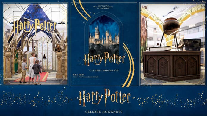 Imagem promocional do evento 'Harry Potter: Celebre Hogwarts', apresentando cenários temáticos com decoração inspirada no universo de Harry Potter e interação para as crianças.