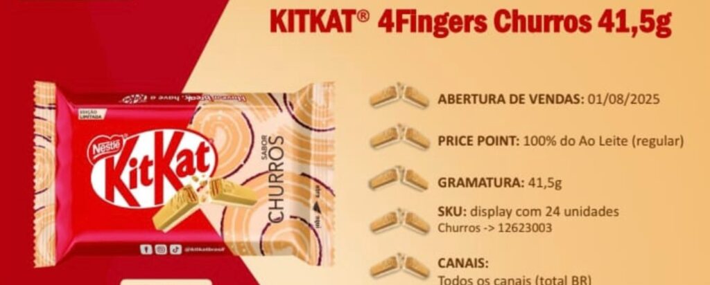 Embalagem do KitKat 4Fingers sabor Churros, com informações de lançamento e preço.