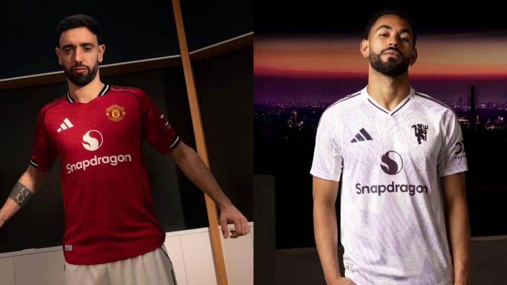 Jogadores usando os novos uniformes do Manchester United, destacando a camisa vermelha com detalhes em preto e a camisa branca com detalhes lilás.