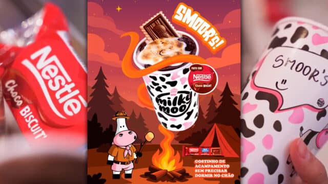 Imagem promocional do novo produto Smoor's da Milky Moo, com o copo decorado e elementos gráficos de acampamento e fogueira ao fundo. Inclui produtos Nestlé, como Chocobiscuit.