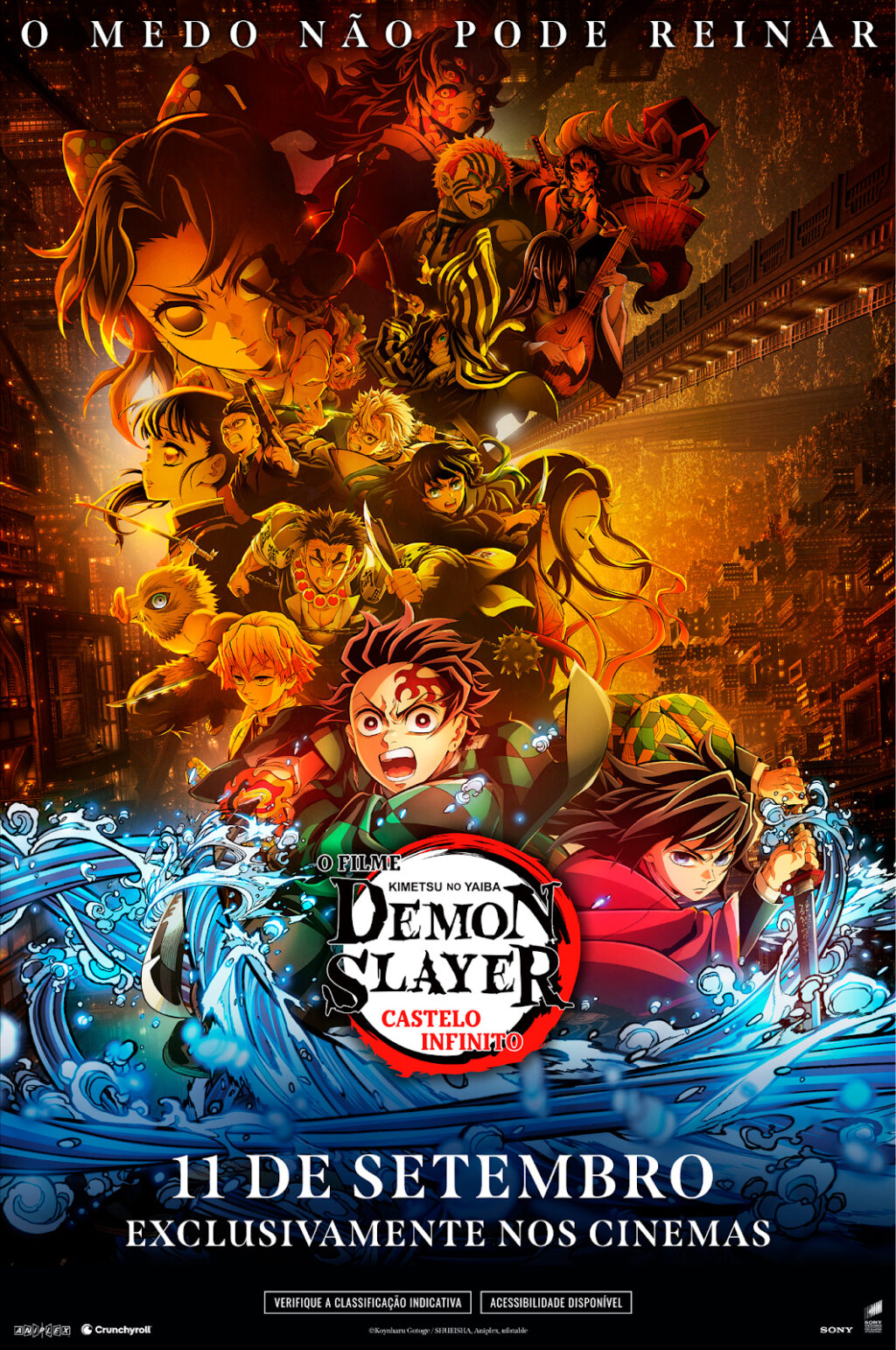 Pôster do filme 'Demon Slayer: Kimetsu no Yaiba Castelo Infinito', com personagens principais em destaque e a data de lançamento 11 de setembro, exclusivo nos cinemas.