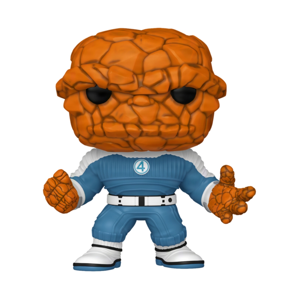 Figura de um Funko Pop! do Coisa, personagem do Quarteto Fantástico, com corpo de pedra laranja, vestindo um traje azul com logo em destaque.