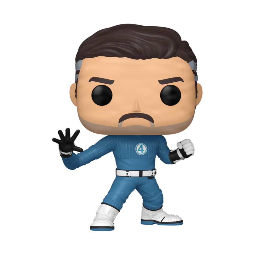 Figura de vinil do Sr. Fantástico, personagem do Quarteto Fantástico, vestindo um traje azul e fazendo um gesto com a mão.