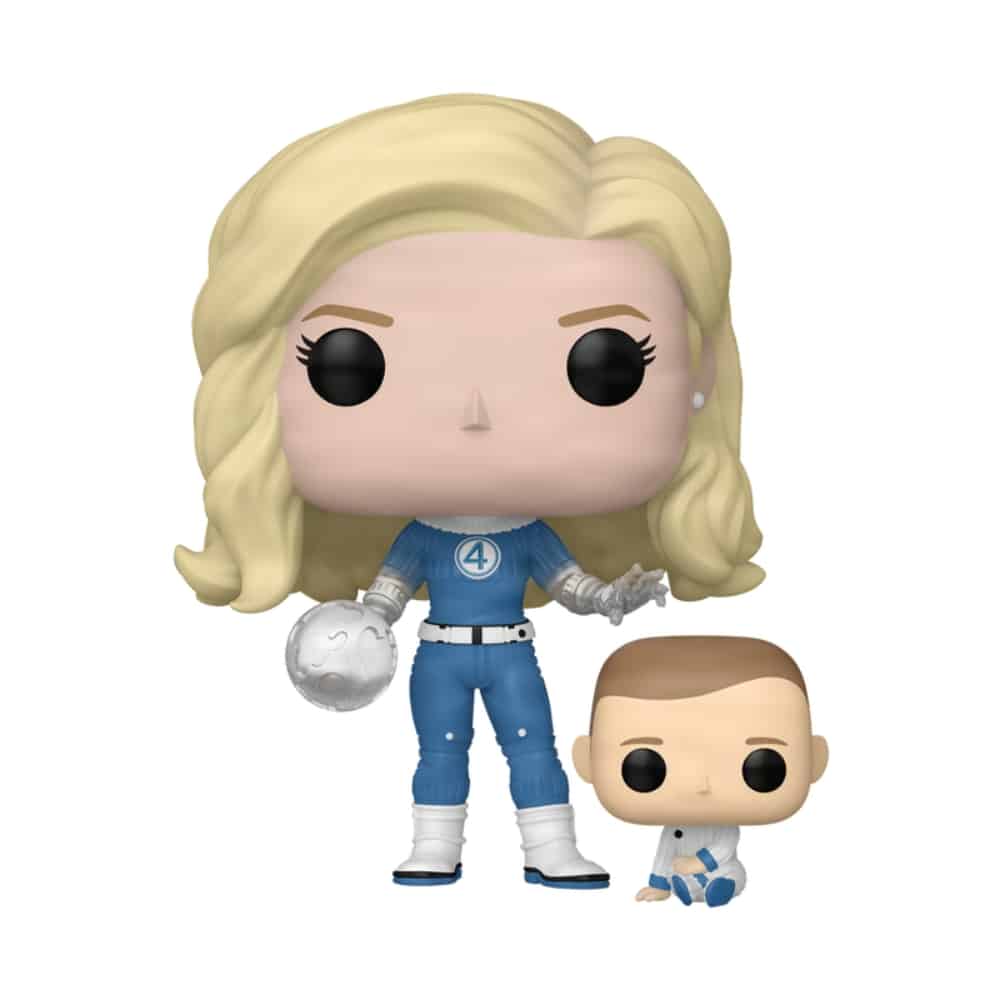 Funko Pop! da Mulher Invisível com cabelo loiro, vestindo uniforme azul do Quarteto Fantástico, segurando uma esfera prateada, ao lado de uma figura menor do Surfista Prateado.