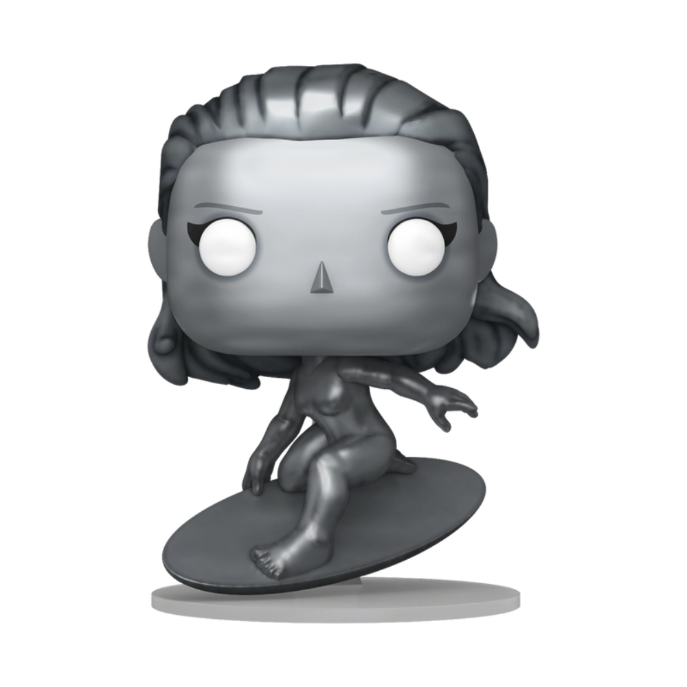 Figurinha Funko Pop! representando a Surfista Prateada, com detalhes em cinza, surfando em uma prancha.