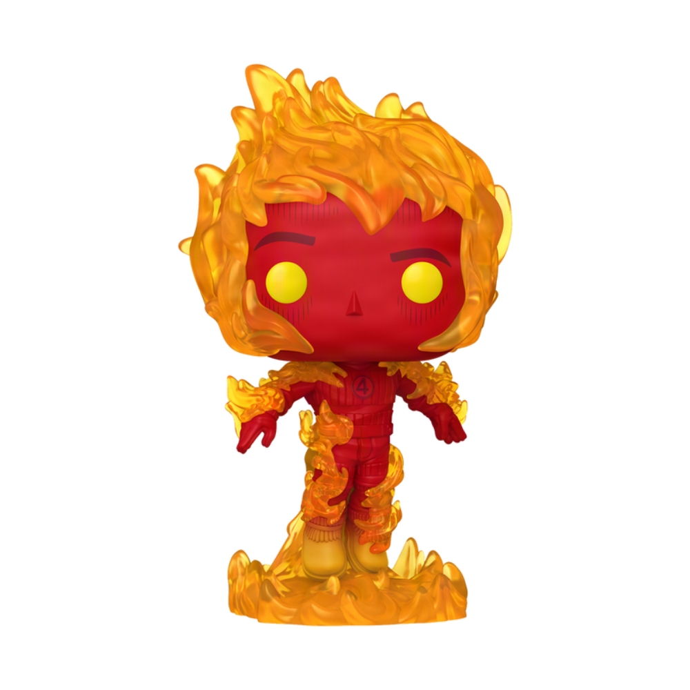 Figura de um Funko Pop! do Tocha Humana, com corpo vermelho e cabelo em chamas, em uma base laranja flamejante, representando o personagem da Marvel.