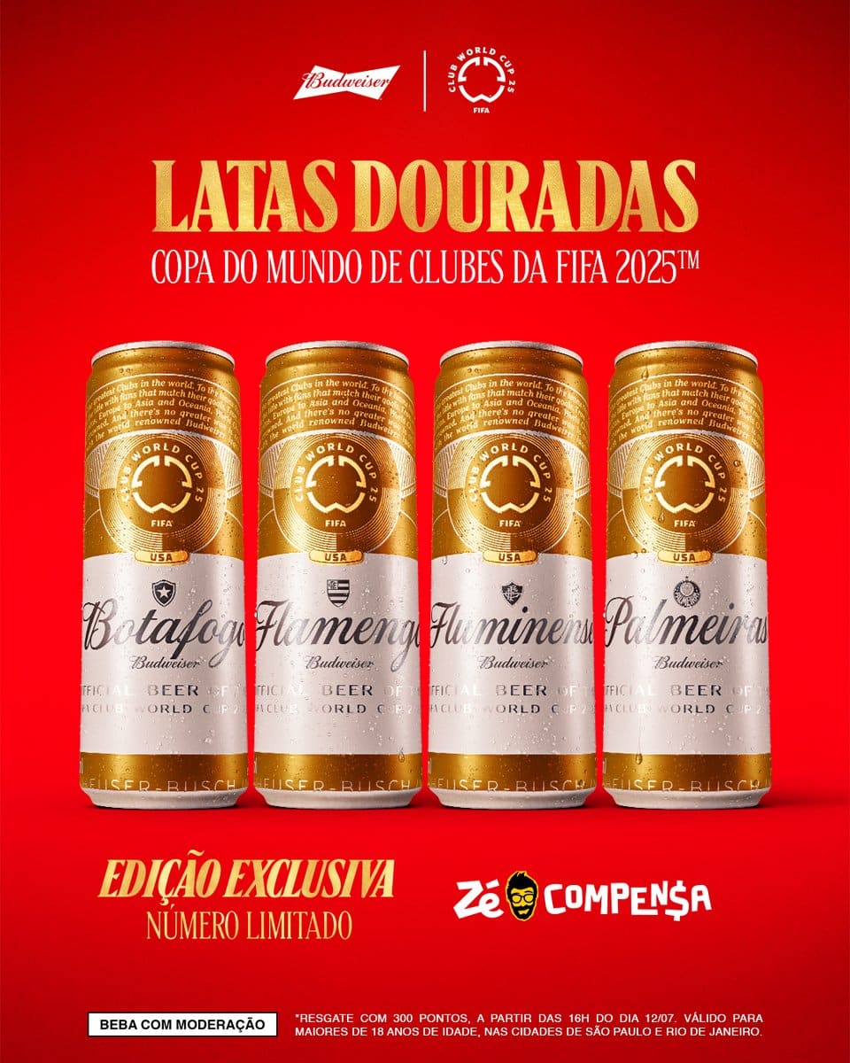 Latas douradas da Budweiser com os escudos dos clubes Botafogo, Flamengo, Fluminense e Palmeiras, destacando a Copa do Mundo de Clubes da FIFA 2025. Fundo vermelho com texto promocional.