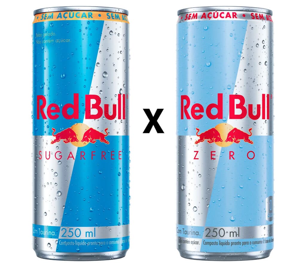 Comparação entre duas latas de Red Bull: Sugarfree e Zero, destacando suas diferenças de embalagem e rotulagem.