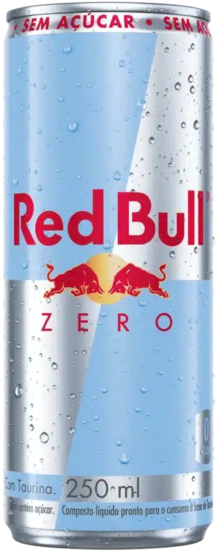 Lata do Red Bull ZERO com rótulo azul e letras vermelhas, destacando 'Sem Açúcar' e informações sobre o produto.