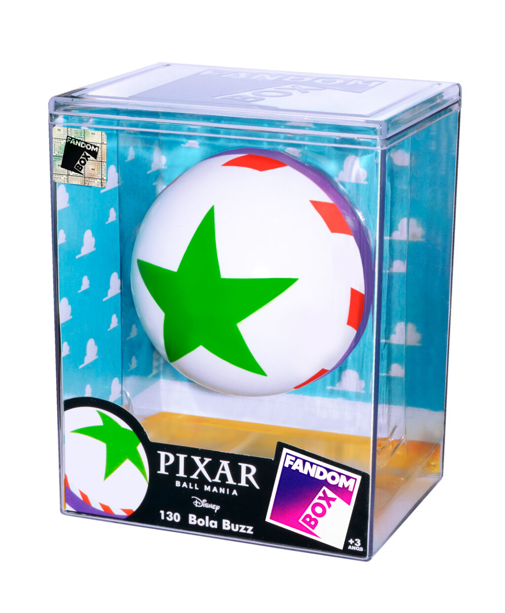 Bola Buzz da Pixar em embalagem colecionável Fandom Box, com design clássico branco e verde, destacando a estrela verde e elementos coloridos.