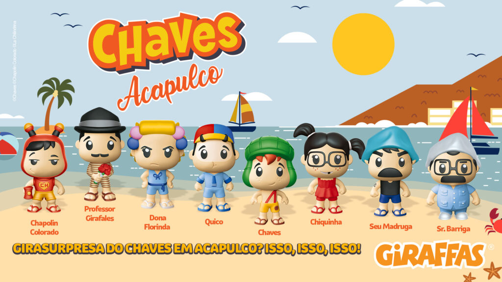 Imagem promocional do Combo Chaves Acapulco do Giraffas, apresentando miniaturas dos personagens Chaves, Chiquinha, Quico, Dona Florinda, Professor Girafales, Seu Madruga e Sr. Barriga na praia, com barcos e sol ao fundo.