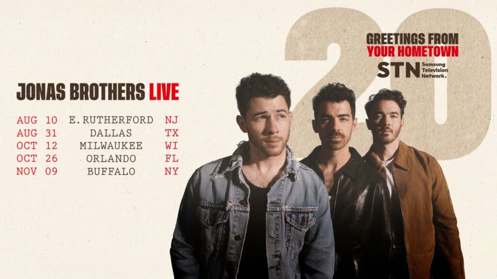 gkpb-banner-samsung-tv-plus-jonas-brothers Imagem exibindo os Jonas Brothers juntamente com as datas que acontecem os shows que serão transmitidos pela Samsung TV Plus