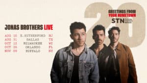 Imagem exibindo os Jonas Brothers juntamente com as datas que acontecem os shows que serão transmitidos pela Samsung TV Plus