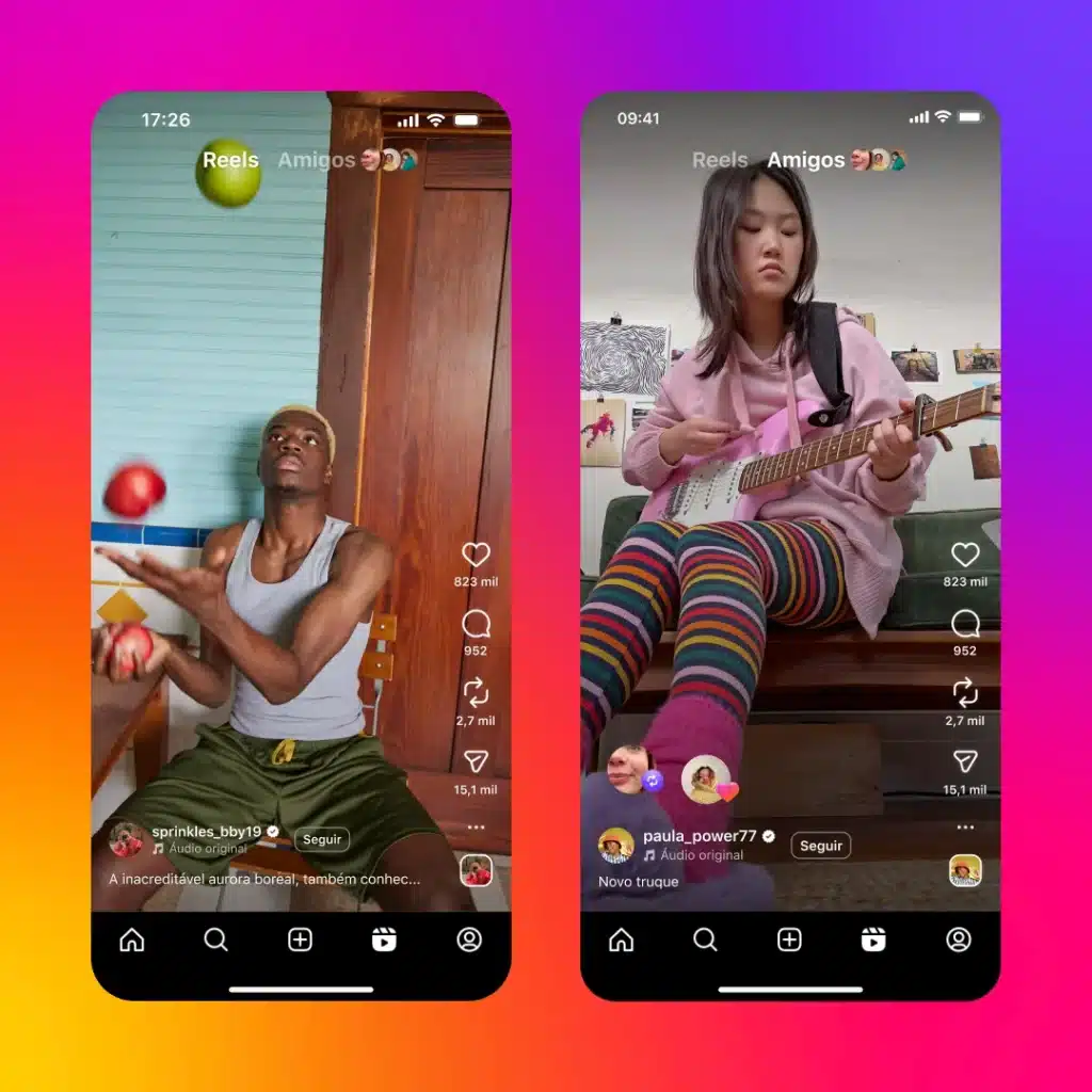 Duas telas de Instagram mostrando a nova aba 'Amigos' nos Reels, com um usuário fazendo malabares à esquerda e outro tocando guitarra à direita.