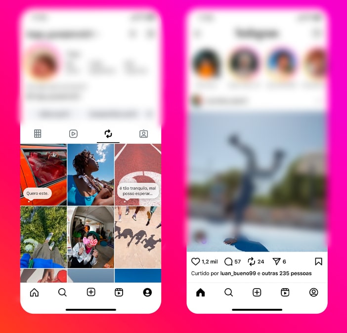 Tela do Instagram com feed de postagens exibindo fotos em carrossel à esquerda e uma publicação com interação à direita, em um fundo gradiente rosa.