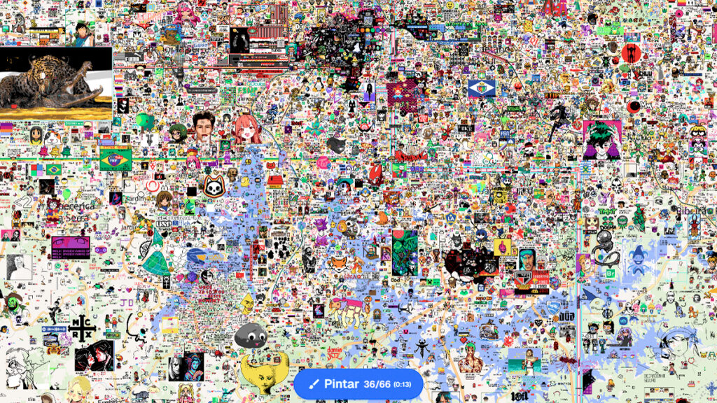 Um mapa-múndi interativo preenchido com arte pixel, incluindo memes e desenhos criados por usuários de diferentes países no site Wplace.