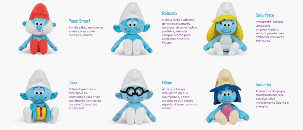 Imagem de seis pelúcias dos personagens dos Smurfs: Papai Smurf, Robusto, Smurfette, Joca, Gênio e Smurflor, apresentadas em um fundo branco com descrições curtas de cada personagem.