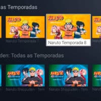 Tela do TCL Channel exibindo as Interface do TCL Channel mostrando todas as temporadas disponíveis de Naruto e Naruto Shippuden com capas de episódios.