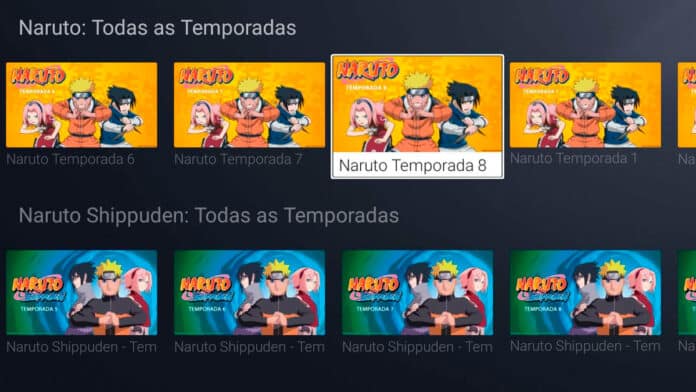 Tela do TCL Channel exibindo as Interface do TCL Channel mostrando todas as temporadas disponíveis de Naruto e Naruto Shippuden com capas de episódios.
