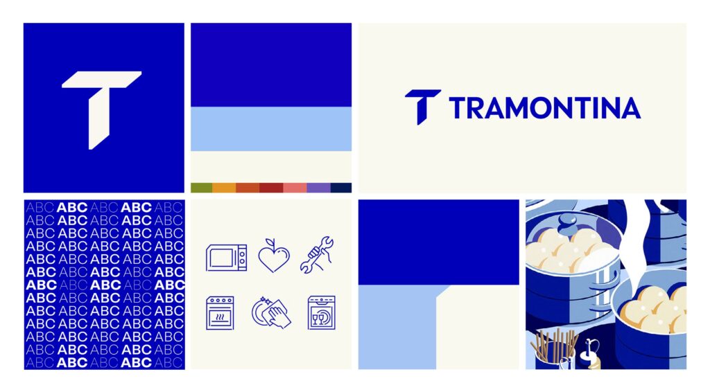 Design da nova identidade visual da Tramontina, incluindo o logotipo 'T', paleta de cores em azul vibrante e iconografia relacionada a utensílios de cozinha.