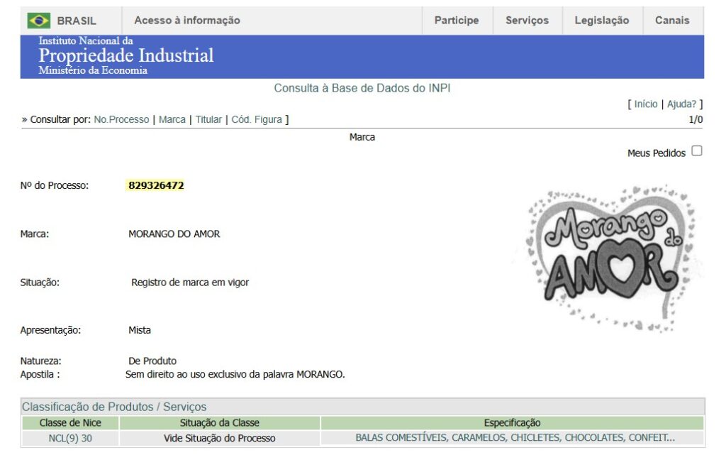 Documento do INPI mostrando o registro da marca Morango do Amor, incluindo o número do processo e informações sobre a situação do registro.