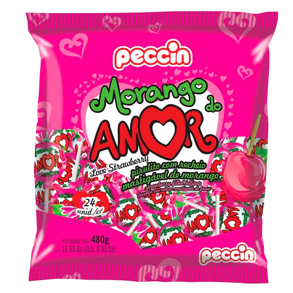 Embalagem do pirulito Morango do Amor da Peccin, apresentando cor pink e ilustrações de corações, com a descrição 'pirulito com recheio mastigável de morango'.