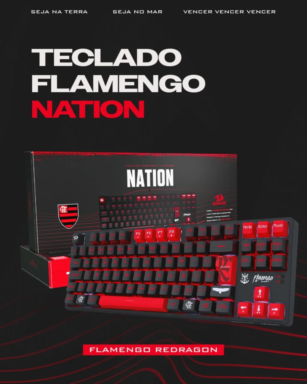 Teclado gamer Flamengo Nation, nas cores preto e vermelho, com led vermelho e branco, exposto em uma embalagem com o símbolo do Flamengo.