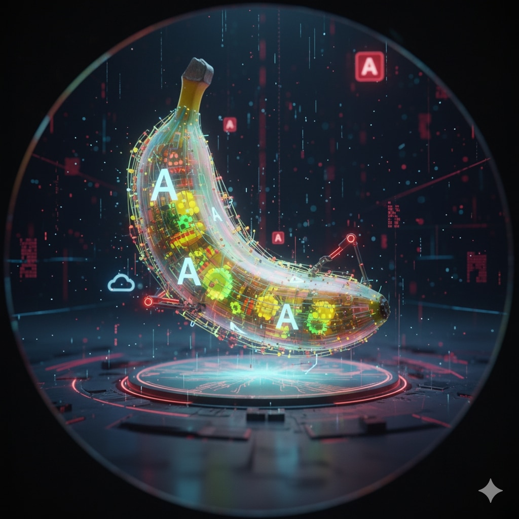 Imagem digital de uma banana estilizada com elementos de tecnologia, apresentando um design futurista e gráficos coloridos, em um fundo com padrões digitais e luzes neón.