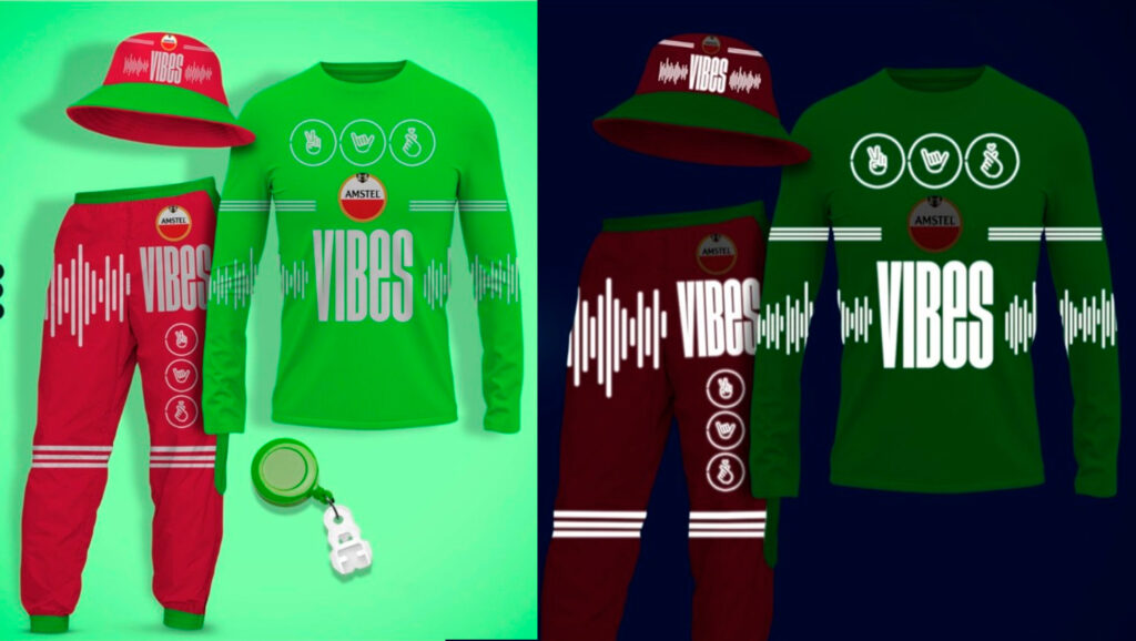 Conjunto de roupas e acessórios da marca Amstel VIBES, incluindo camiseta verde, calça vermelha e chapéu, com detalhes gráficos em cores vibrantes e designs interativos.