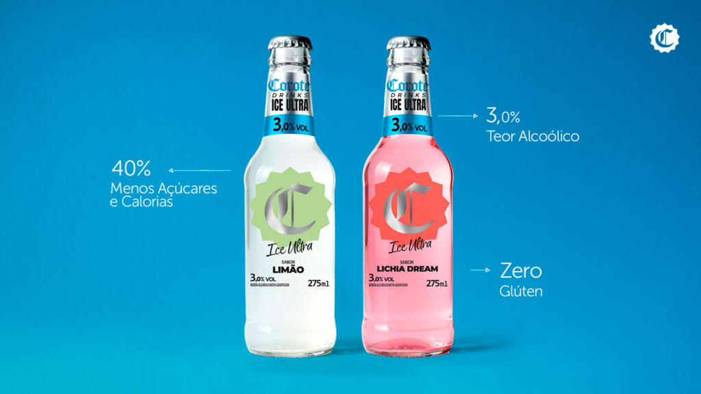 Duas garrafas da Corote Drinks Ice Ultra, sabor Limão e Lichia Dream, contra um fundo azul. As garrafas destacam informações sobre 40% menos açúcares e calorias, 3% de teor alcoólico e zero glúten.