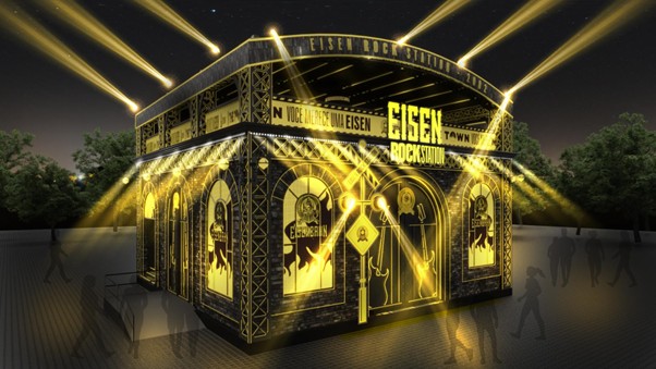 Renderização de um estande futurista da Eisenbahn Rock Station, com iluminação intensa e detalhes arquitetônicos impressionantes, situado em um ambiente de festival.