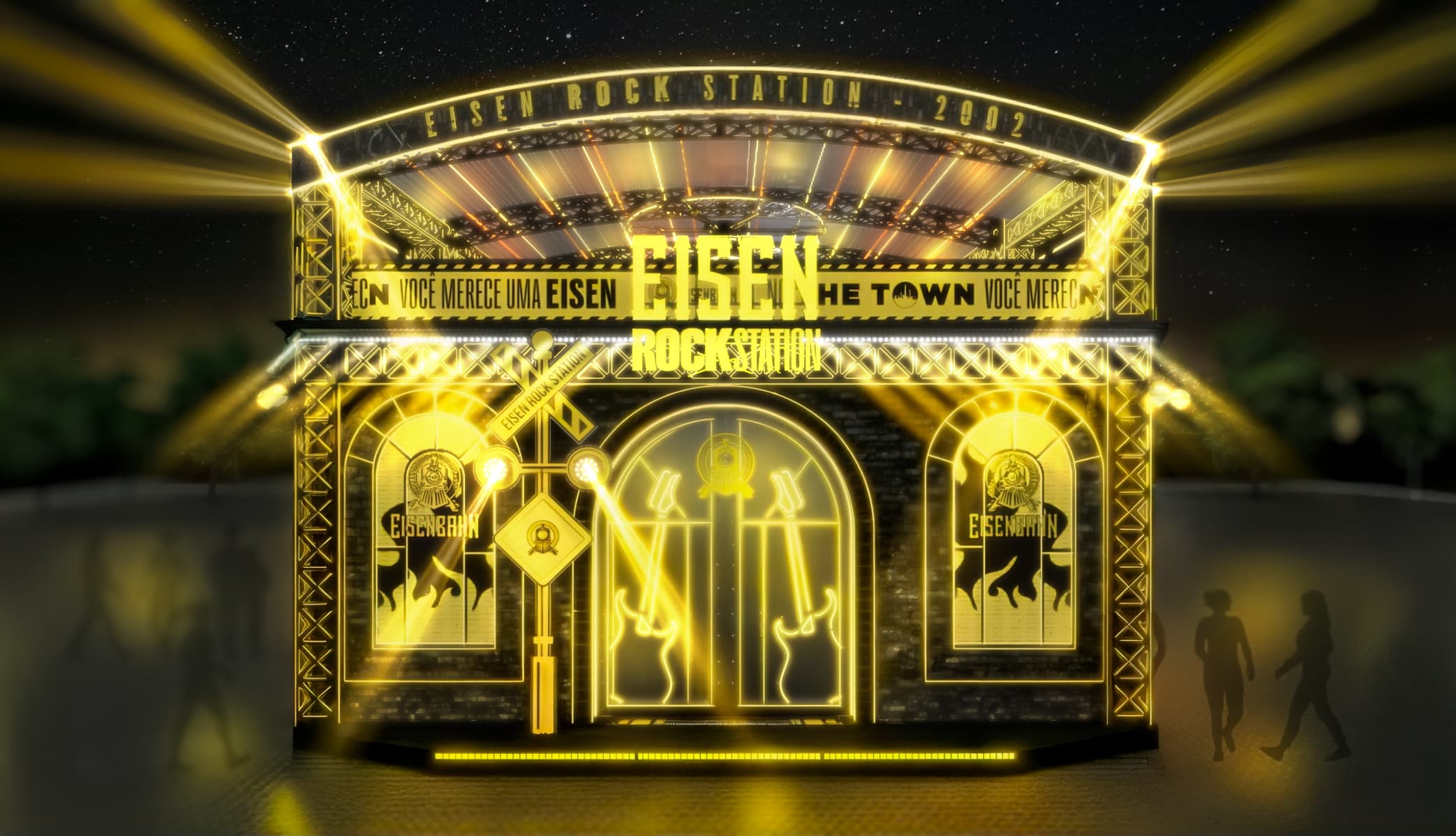 Ilustração do estande da Eisenbahn, denominado Eisen Rock Station, iluminado e decorado, retratando a atmosfera de uma estação de trem com elementos visuais que refletem a tradição da cerveja premium.