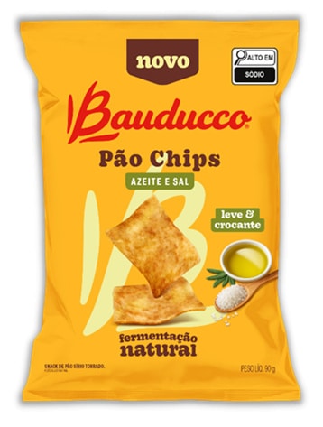 Embalagem do Bauducco Pão Chips, destacando 'novo', 'azeite e sal', e a descrição 'leve & crocante', com imagens de chips de pão.