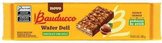 Embalagem do Bauducco Wafer Deli, com recheio cremoso de chocolate e pedaços de avelã, pesando 100g.