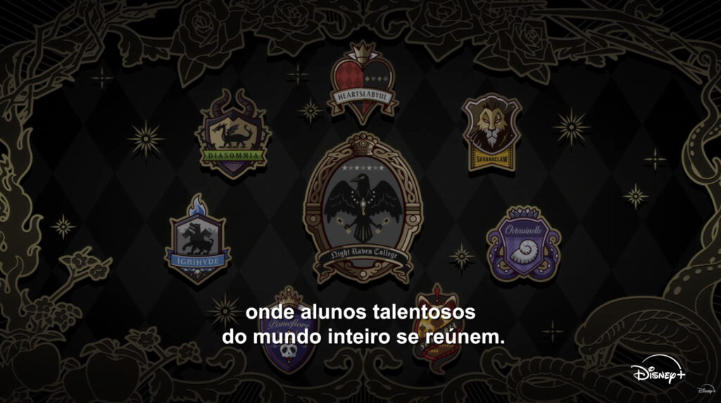 Emblemas das casas da escola de magia, representando os sete vilões da Disney em Twisted Wonderland.