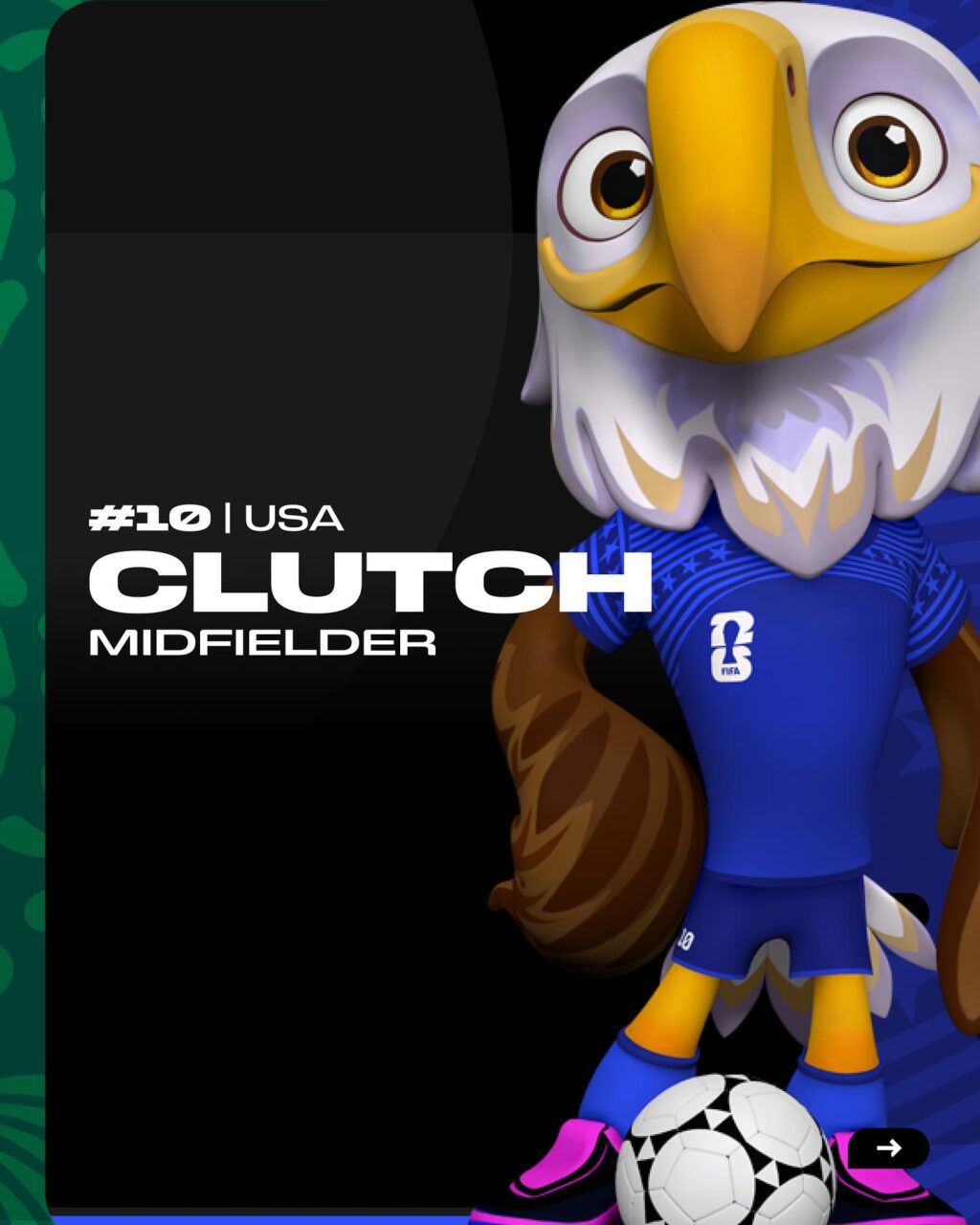 Mascote Clutch, uma águia, vestindo uniforme azul, com a camisa número 10 dos Estados Unidos, segurando uma bola de futebol.