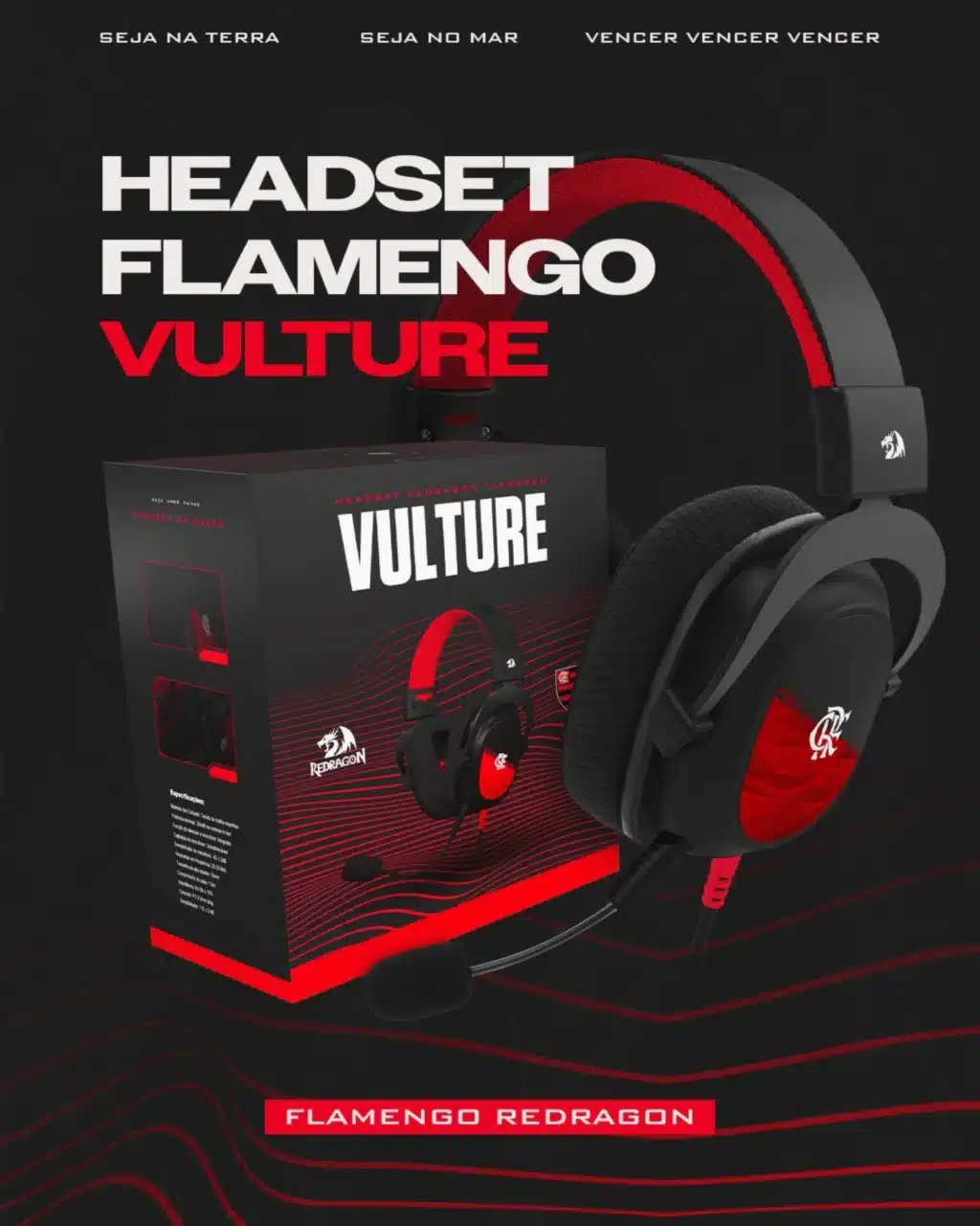Headset Flamengo Vulture da Redragon, apresentando o design nas cores preto e vermelho do time, com embalagem destacada ao fundo.