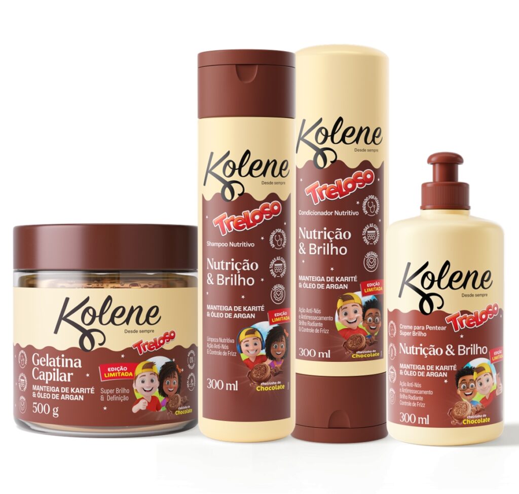 Imagem da linha de produtos capilares Kolene Treloso - Nutrição & Brilho, incluindo gelatina capilar, shampoo, condicionador e creme para pentear, todos com ênfase em nutrição e brilho, com temática voltada para crianças.
