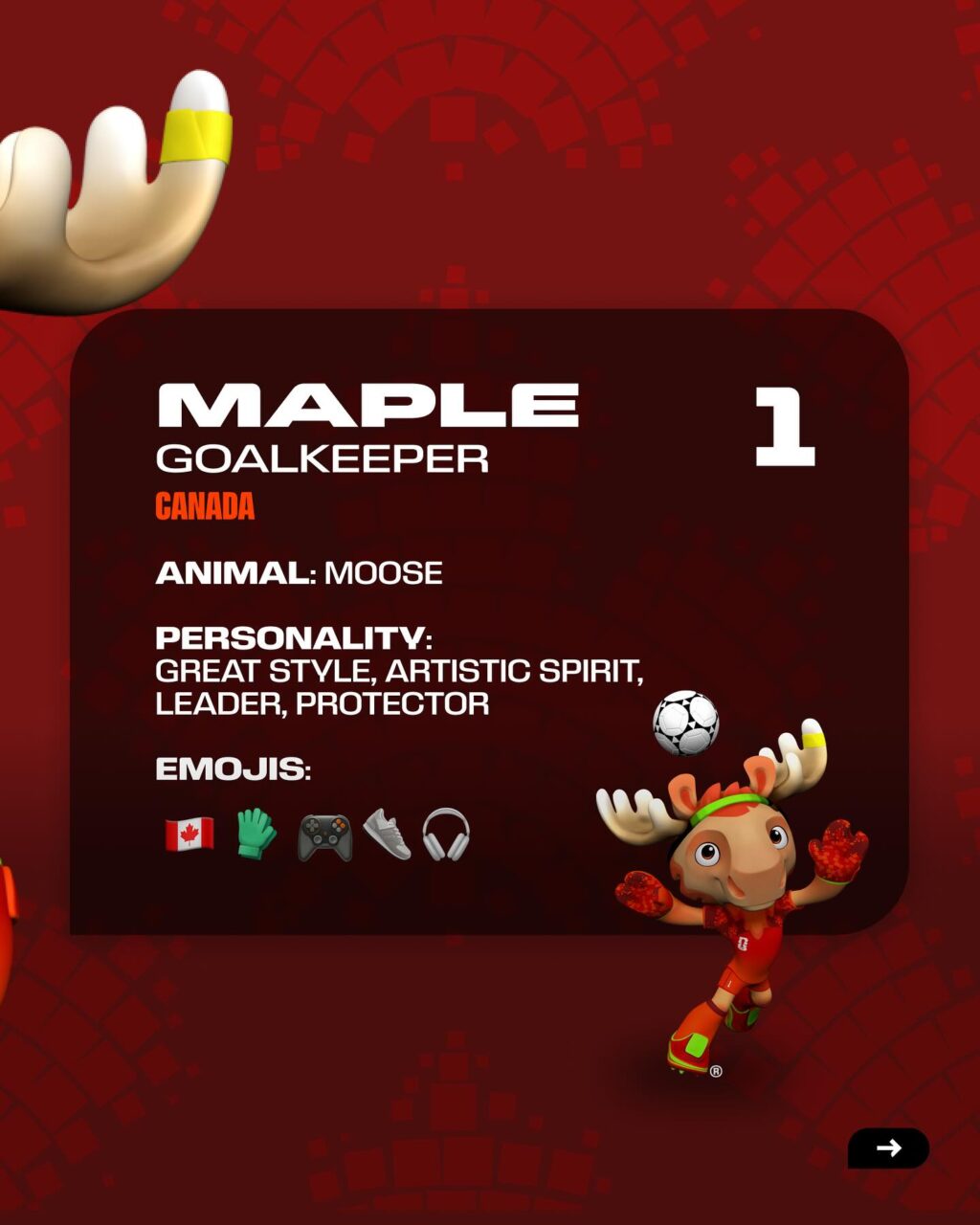 Mascote Maple da Copa do Mundo 2026, representando o Canadá, um alce (moose) que é goleiro. Tem uma personalidade descrita como estilo vibrante, espírito artístico, líder e protetor, com emojis relacionados.