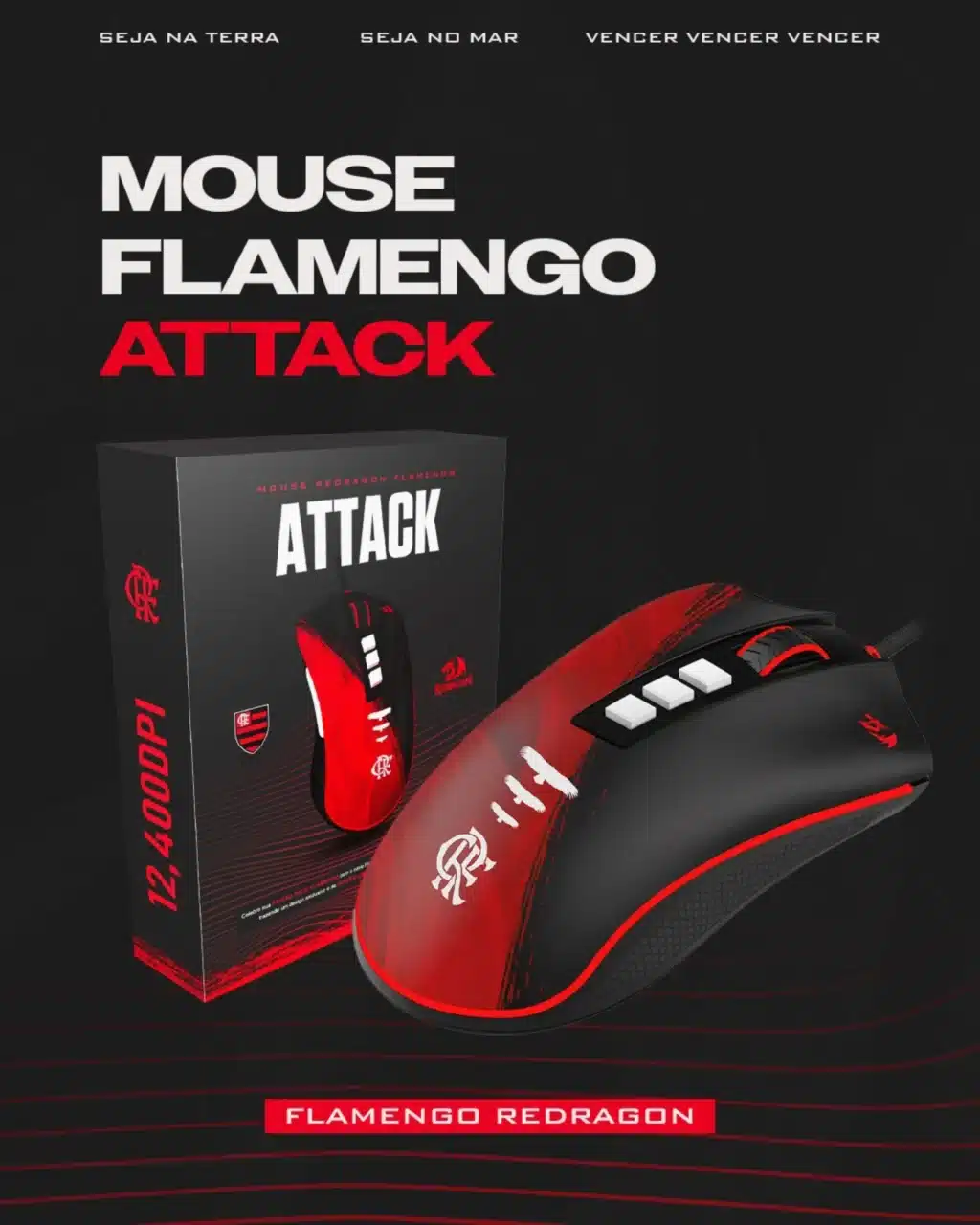 Mouse gamer Flamengo Attack Redragon, exibindo design nas cores preto e vermelho, com destaque para logo do clube e embalagem ao fundo.