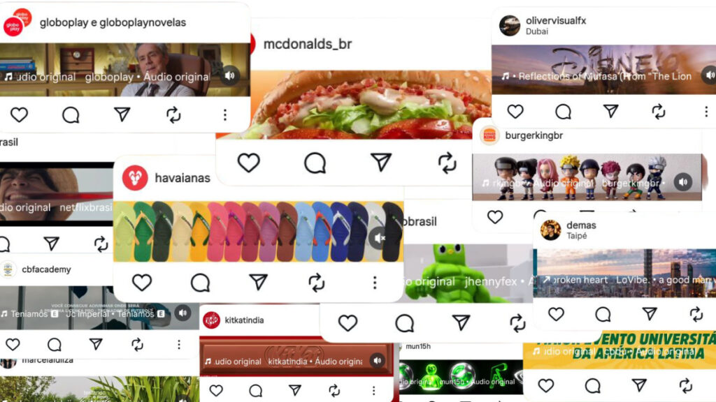 Tela de compartilhamento do Instagram mostrando diversas postagens, incluindo vídeos e anúncios de marcas como Havaianas, McDonald's e Burger King, com a formatação nova de banner.
