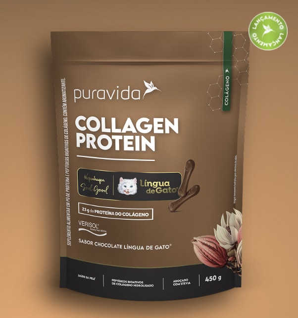 Pacote de Collagen Protein da Puravida com sabor Língua de Gato Soul Good, contendo 23g de proteína do colágeno e 450g de conteúdo total.